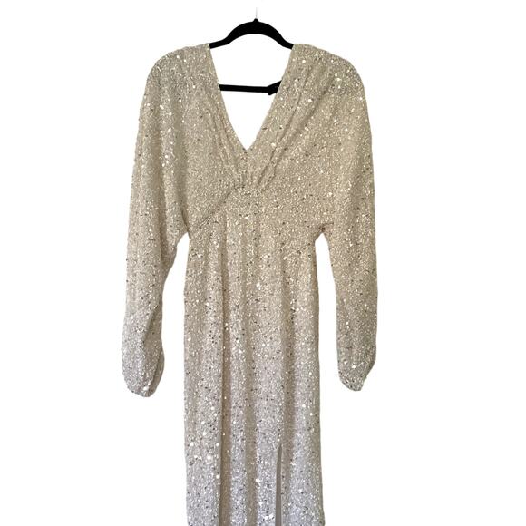 Retrofete Camille Dress Sequin Chiffon Maxi White Embellished Long Sleeve Gown S - Picture 3 of 15